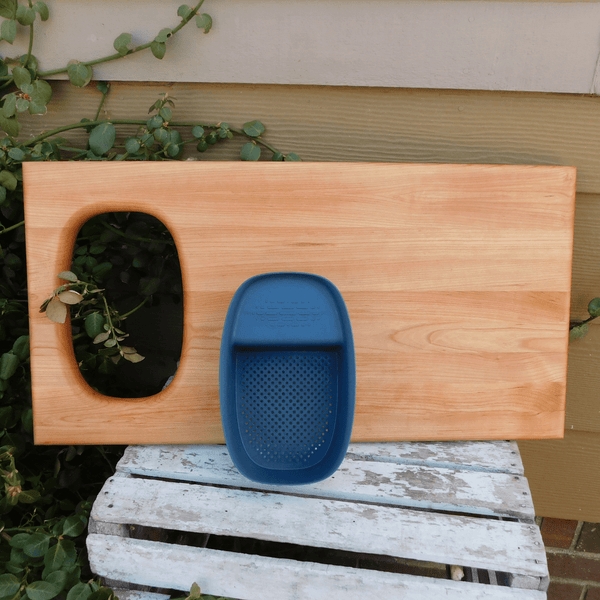 Over The Sink Cherry Wood Edge Grain Cutting Board with Colander and Clear Rubber Grip Feet