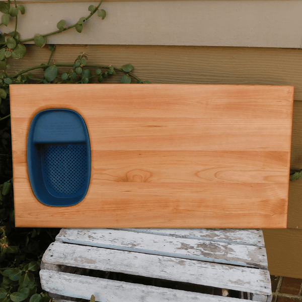 Over The Sink Cherry Wood Edge Grain Cutting Board with Colander and Clear Rubber Grip Feet