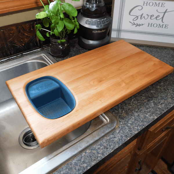 Over The Sink Cherry Wood Edge Grain Cutting Board with Colander and Clear Rubber Grip Feet