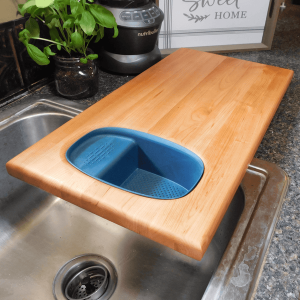 Over The Sink Cherry Wood Edge Grain Cutting Board with Colander and Clear Rubber Grip Feet