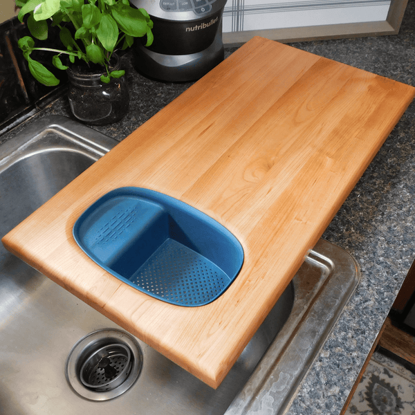 Over The Sink Cherry Wood Edge Grain Cutting Board with Colander and Clear Rubber Grip Feet