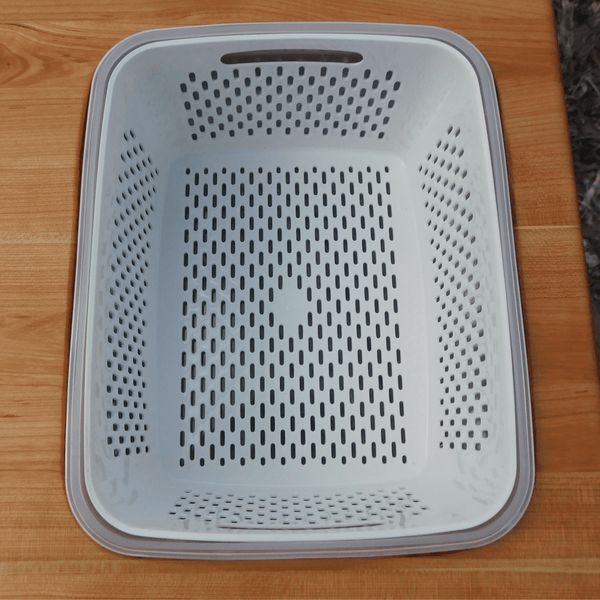 Over The Sink or Counter Cherry Wood Edge Grain Cutting Board with Tupperware & Colander Combo & Clear Rubber Grip Feet