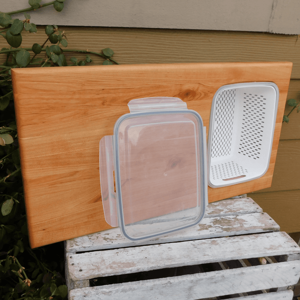 Over The Sink or Counter Cherry Wood Edge Grain Cutting Board with Tupperware & Colander Combo & Clear Rubber Grip Feet