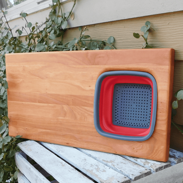 Over The Sink Cherry Wood Edge Grain Cutting Board with Collapsible Colander and Clear Rubber Grip Feet