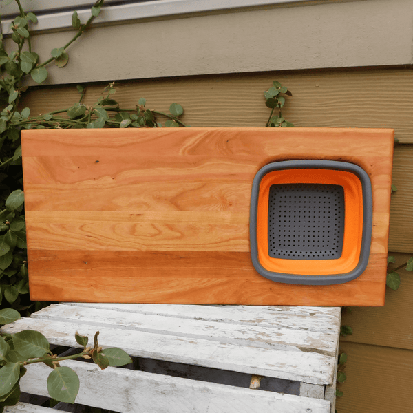Over The Sink Cherry Wood Edge Grain Cutting Board with Collapsible Colander and Clear Rubber Grip Feet
