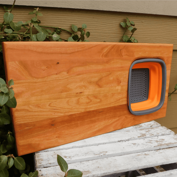 Over The Sink Cherry Wood Edge Grain Cutting Board with Collapsible Colander and Clear Rubber Grip Feet
