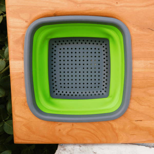 Over The Sink Cherry Wood Edge Grain Cutting Board with Collapsible Colander and Clear Rubber Grip Feet