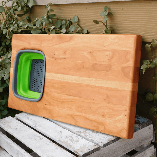 Over The Sink Cherry Wood Edge Grain Cutting Board with Collapsible Colander and Clear Rubber Grip Feet