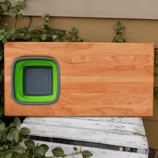 Over The Sink Cherry Wood Edge Grain Cutting Board with Collapsible Colander and Clear Rubber Grip Feet