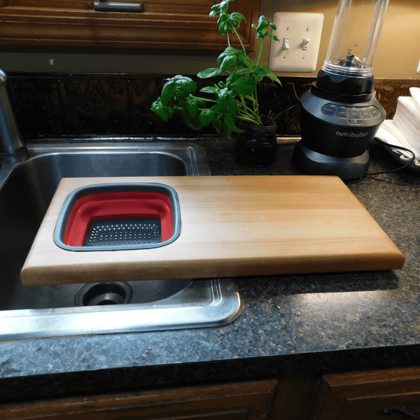 Over The Sink Cherry Wood Edge Grain Cutting Board with Colander and Clear Rubber Grip Feet