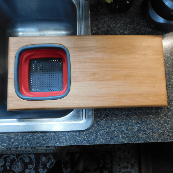 Over The Sink Cherry Wood Edge Grain Cutting Board with Colander and Clear Rubber Grip Feet