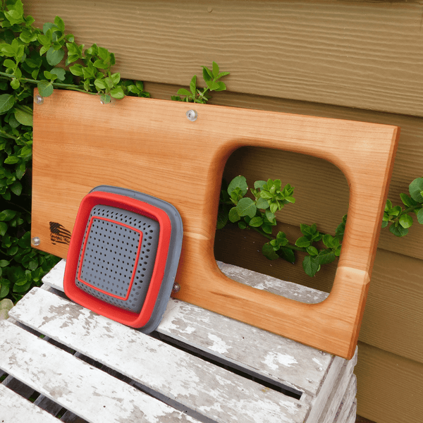 Over The Sink Cherry Wood Edge Grain Cutting Board with Colander and Clear Rubber Grip Feet