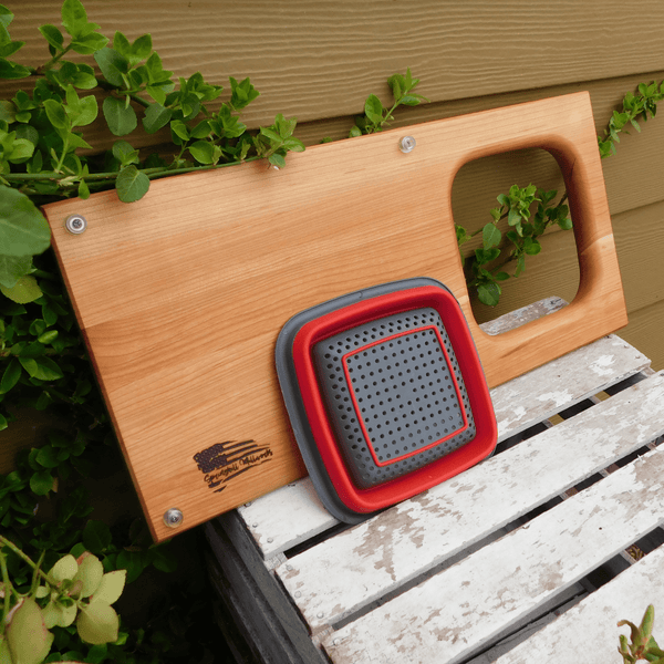 Over The Sink Cherry Wood Edge Grain Cutting Board with Colander and Clear Rubber Grip Feet