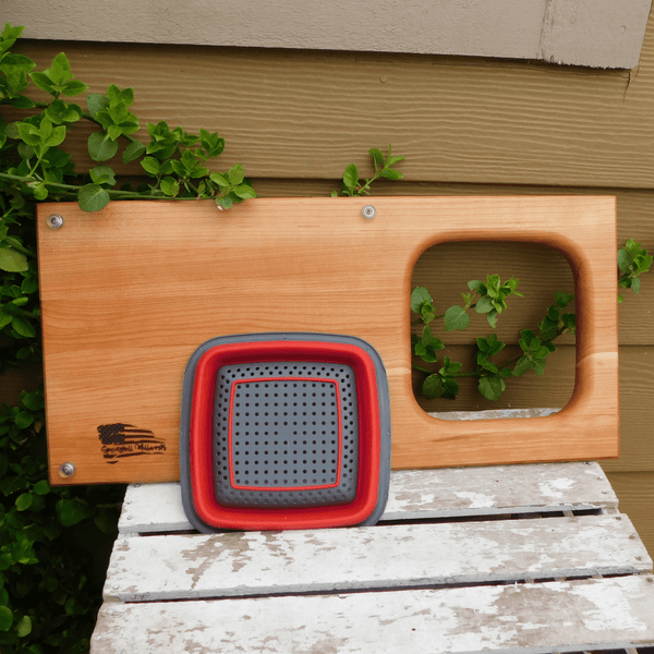 Over The Sink Cherry Wood Edge Grain Cutting Board with Colander and Clear Rubber Grip Feet