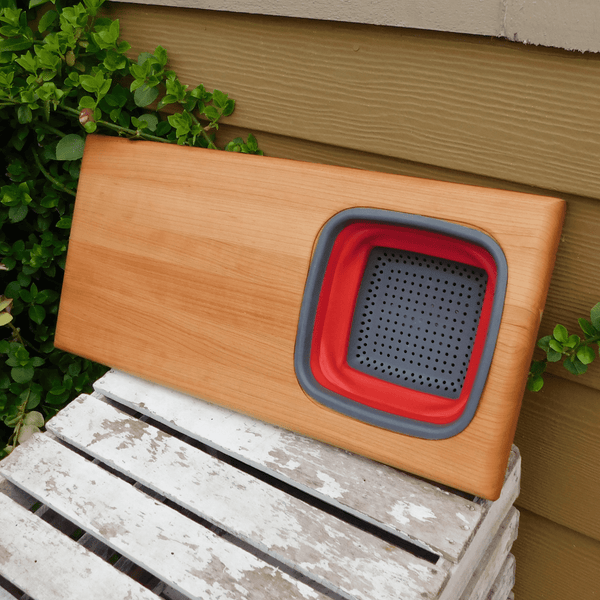 Over The Sink Cherry Wood Edge Grain Cutting Board with Colander and Clear Rubber Grip Feet