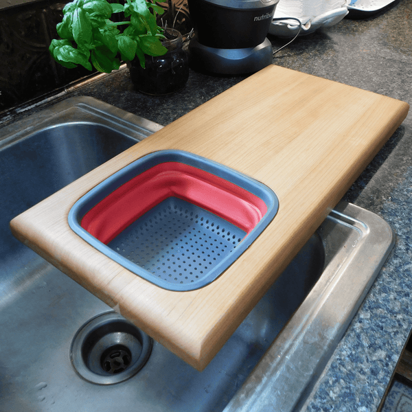Over The Sink Cherry Wood Edge Grain Cutting Board with Colander and Clear Rubber Grip Feet