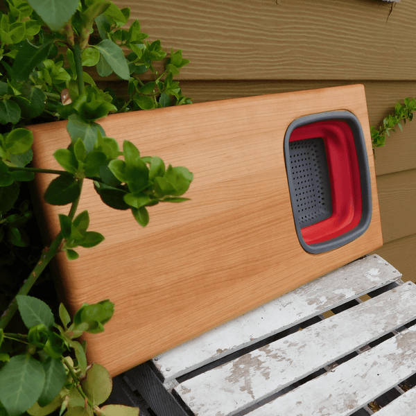Over The Sink Cherry Wood Edge Grain Cutting Board with Colander and Clear Rubber Grip Feet