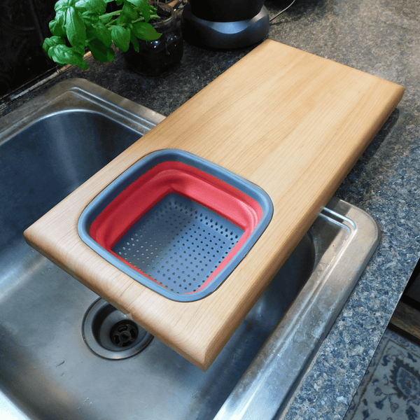 Over The Sink Cherry Wood Edge Grain Cutting Board with Colander and Clear Rubber Grip Feet