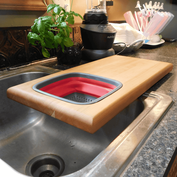 Over The Sink Cherry Wood Edge Grain Cutting Board with Colander and Clear Rubber Grip Feet