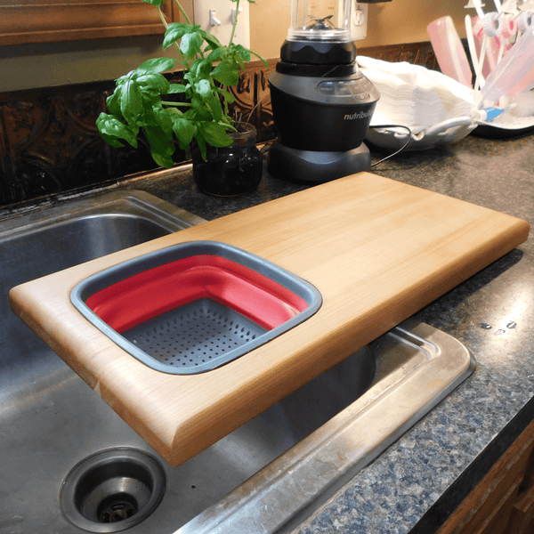 Over The Sink Cherry Wood Edge Grain Cutting Board with Colander and Clear Rubber Grip Feet