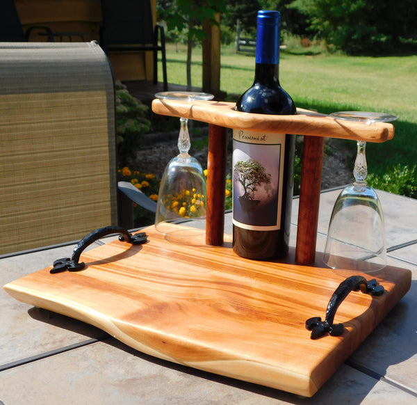 Cherry Wood Wine Charcuterie Board with Wine Glasses