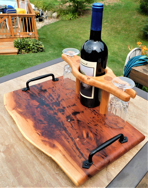 Cherry Wood Wine Charcuterie Board with Wine Glasses
