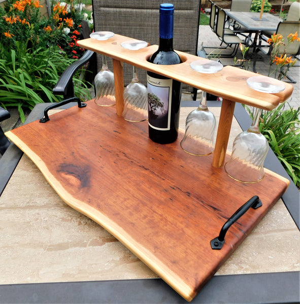 Cherry Wood Wine Charcuterie Board with Wine Glasses
