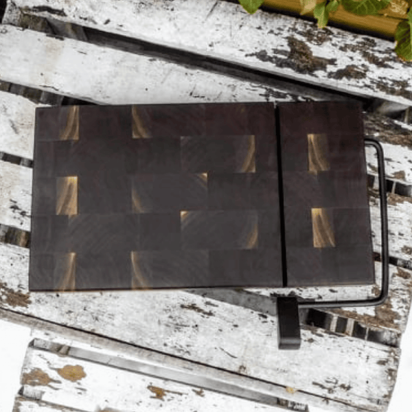 Black Walnut end grain wooden cheese slicing cutting board.