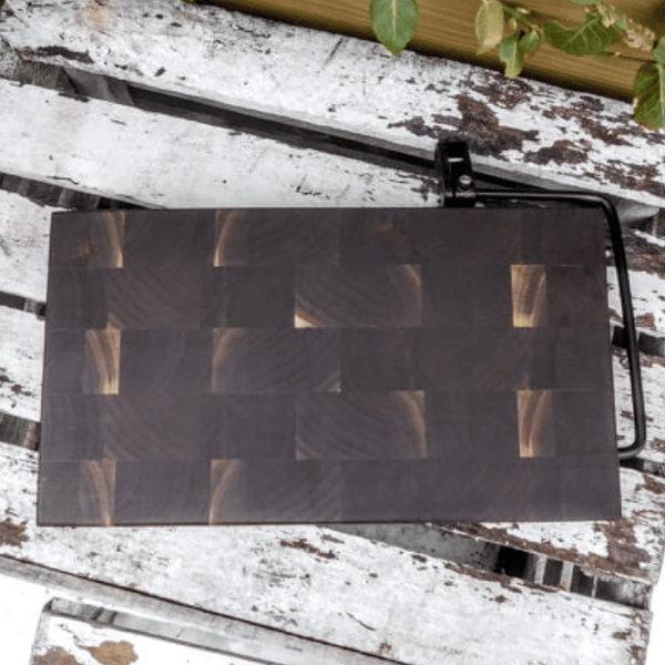 Black Walnut end grain wooden cheese slicing cutting board.