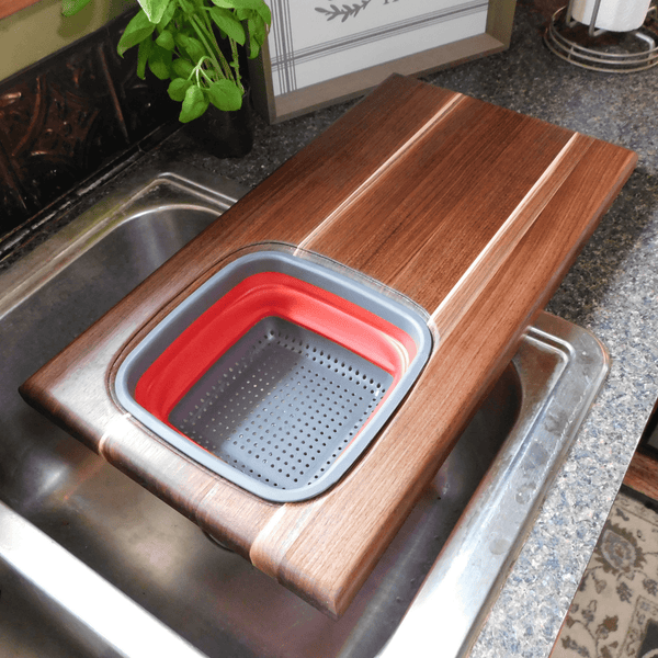 Large Over The Sink Black Walnut Edge Grain Cutting Board with Colander and Clear Rubber Grip Feet