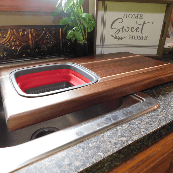 Large Over The Sink Black Walnut Edge Grain Cutting Board with Colander and Clear Rubber Grip Feet