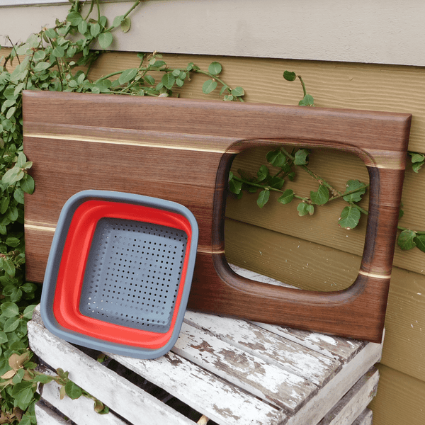 Large Over The Sink Black Walnut Edge Grain Cutting Board with Colander and Clear Rubber Grip Feet