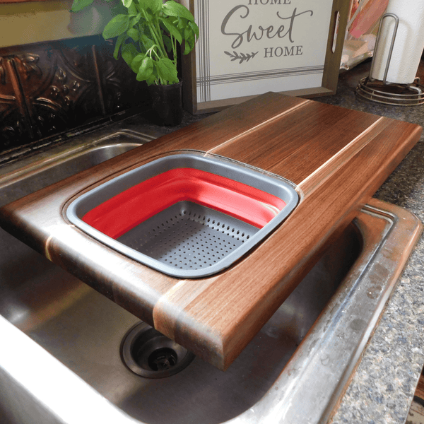 Large Over The Sink Black Walnut Edge Grain Cutting Board with Colander and Clear Rubber Grip Feet