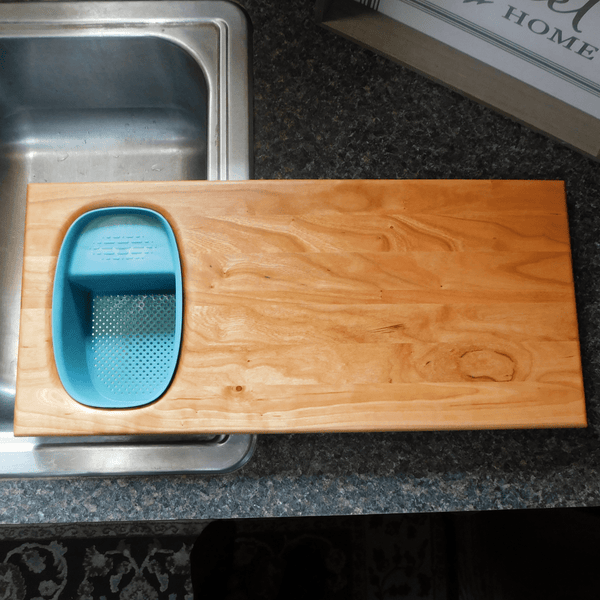 Over The Sink Cherry Wood Edge Grain Cutting Board with Colander and Clear Rubber Grip Feet