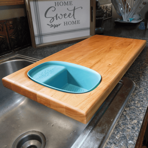 Over The Sink Cherry Wood Edge Grain Cutting Board with Colander and Clear Rubber Grip Feet