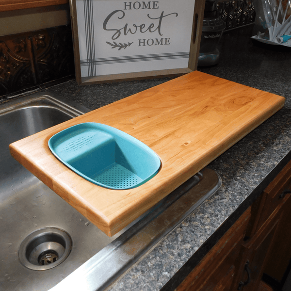 Over The Sink Cherry Wood Edge Grain Cutting Board with Colander and Clear Rubber Grip Feet