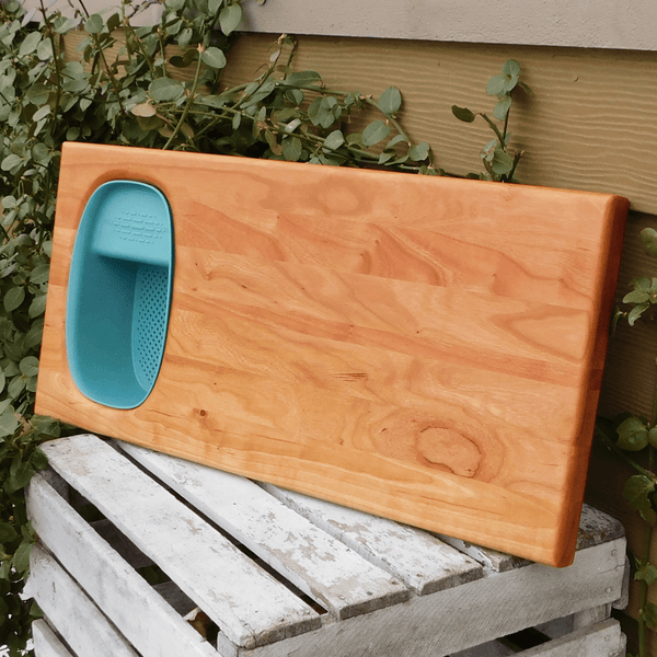Over The Sink Cherry Wood Edge Grain Cutting Board with Colander and Clear Rubber Grip Feet