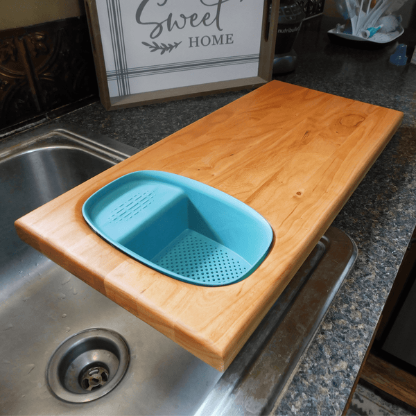 Over The Sink Cherry Wood Edge Grain Cutting Board with Colander and Clear Rubber Grip Feet