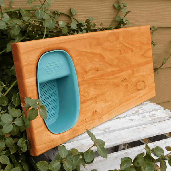 Over The Sink Cherry Wood Edge Grain Cutting Board with Colander and Clear Rubber Grip Feet