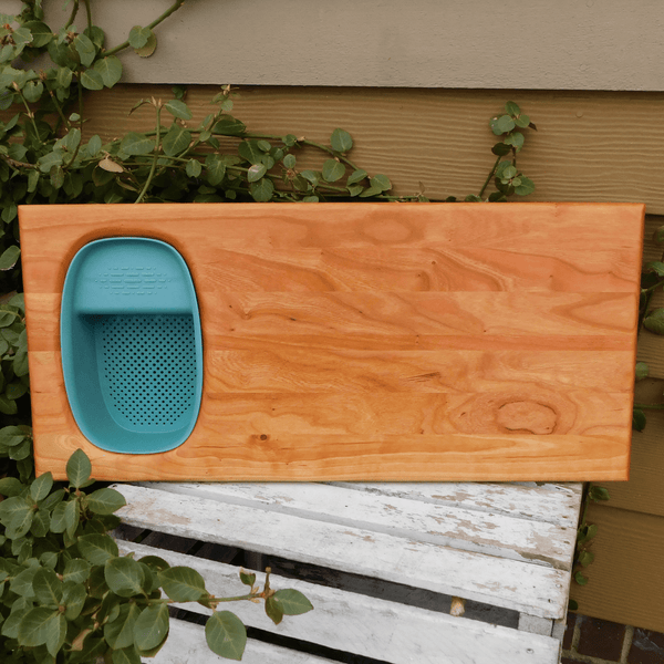 Over The Sink Cherry Wood Edge Grain Cutting Board with Colander and Clear Rubber Grip Feet