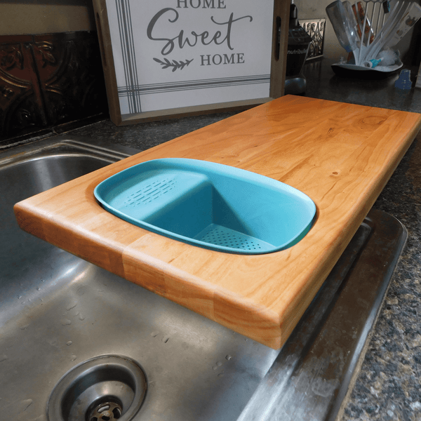 Over The Sink Cherry Wood Edge Grain Cutting Board with Colander and Clear Rubber Grip Feet