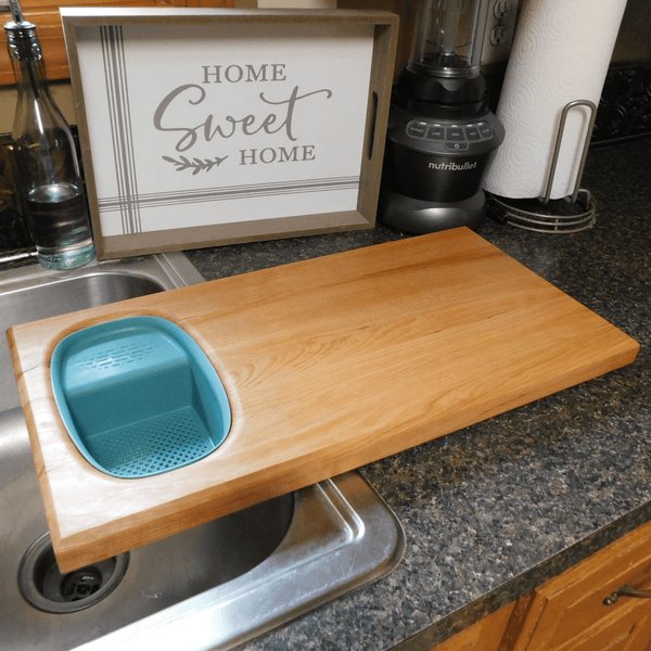 Over The Sink Cherry Wood Edge Grain Cutting Board with Colander and Clear Rubber Grip Feet