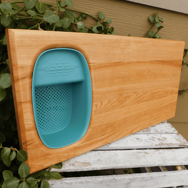 Over The Sink Cherry Wood Edge Grain Cutting Board with Colander and Clear Rubber Grip Feet