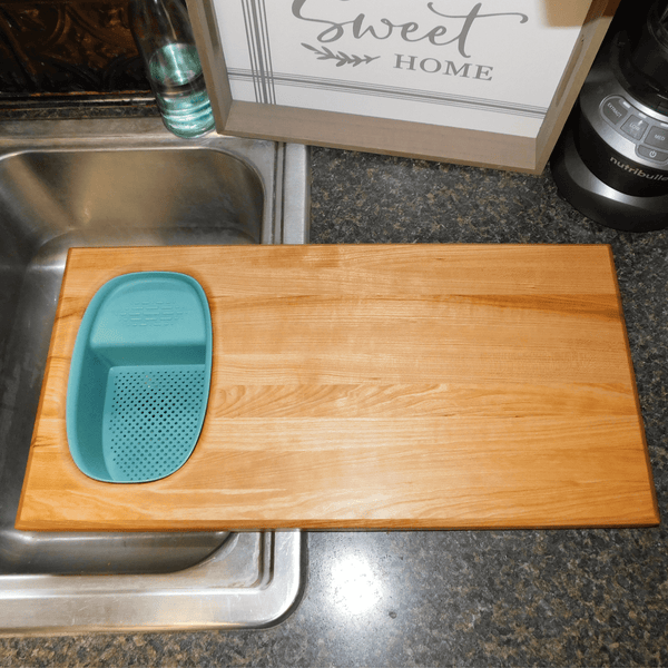 Over The Sink Cherry Wood Edge Grain Cutting Board with Colander and Clear Rubber Grip Feet