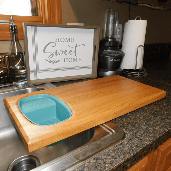 Over The Sink Cherry Wood Edge Grain Cutting Board with Colander and Clear Rubber Grip Feet