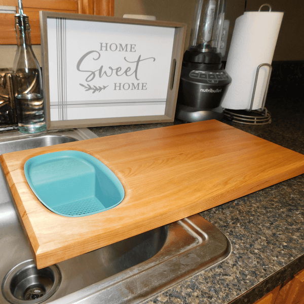 Over The Sink Cherry Wood Edge Grain Cutting Board with Colander and Clear Rubber Grip Feet