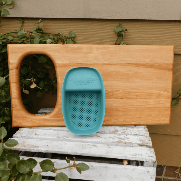 Over The Sink Cherry Wood Edge Grain Cutting Board with Colander and Clear Rubber Grip Feet