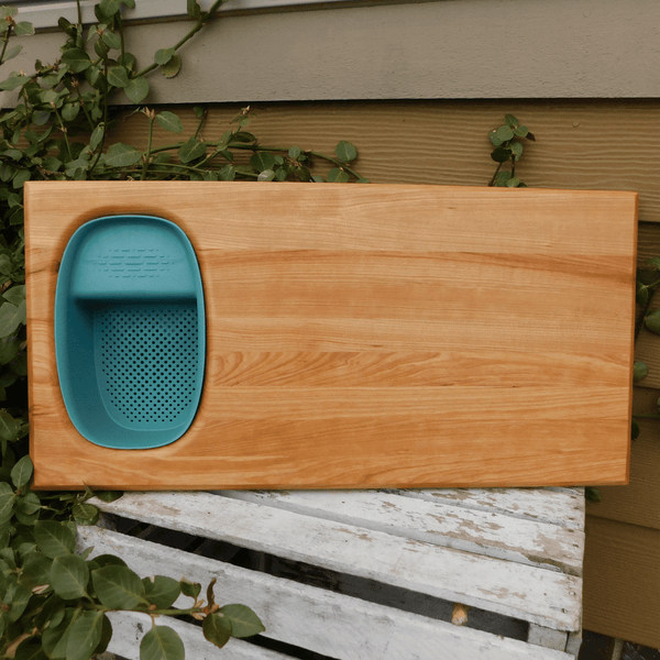 Over The Sink Cherry Wood Edge Grain Cutting Board with Colander and Clear Rubber Grip Feet