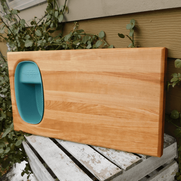 Over The Sink Cherry Wood Edge Grain Cutting Board with Colander and Clear Rubber Grip Feet
