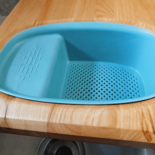 Over The Sink Cherry Wood Edge Grain Cutting Board with Colander and Clear Rubber Grip Feet
